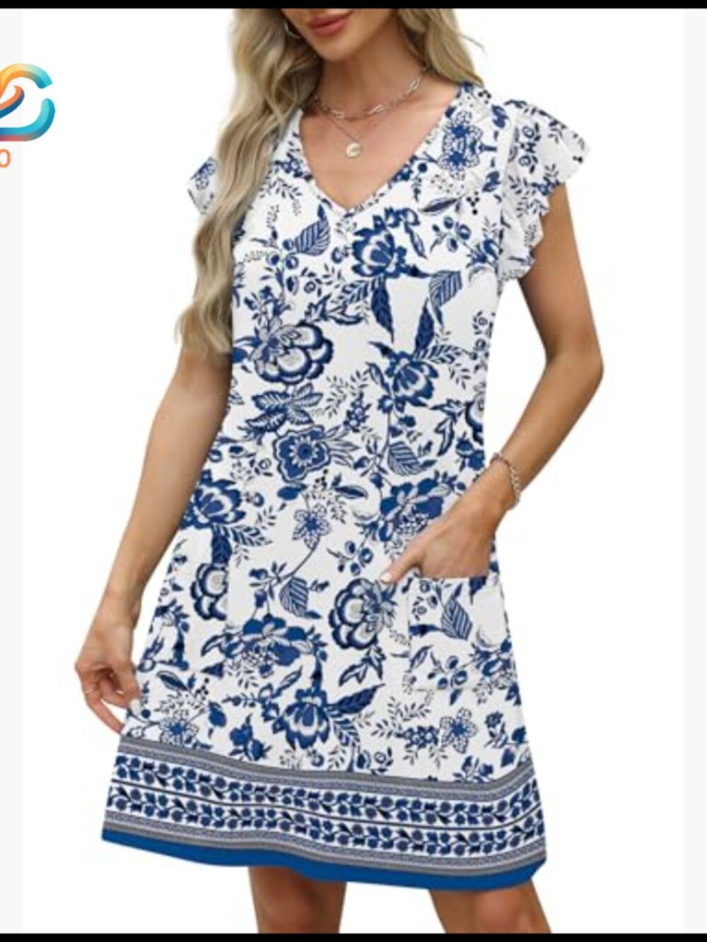Knee-Length Swing Dress with Ruffle Sleeves and Pockets, Loose Fit - Picture 4 of 7